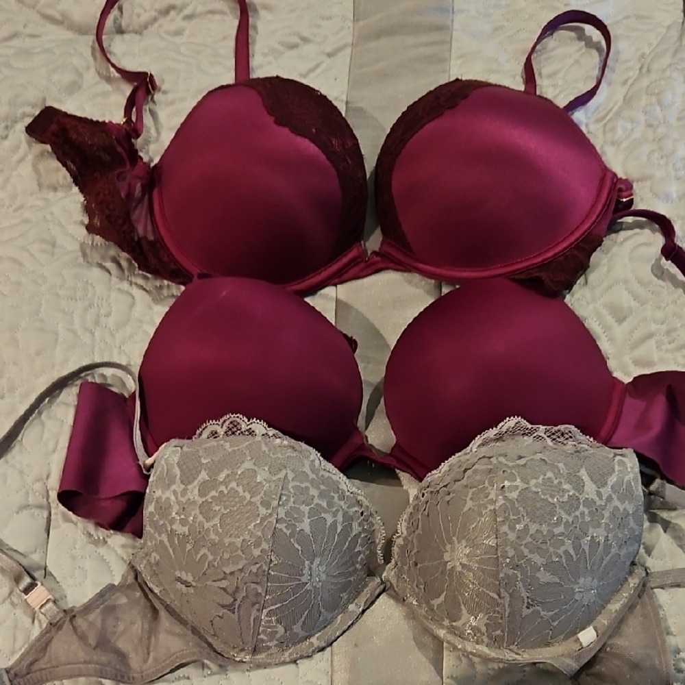 Elegant Lace and Satin Bra Set - Burgundy and Gray